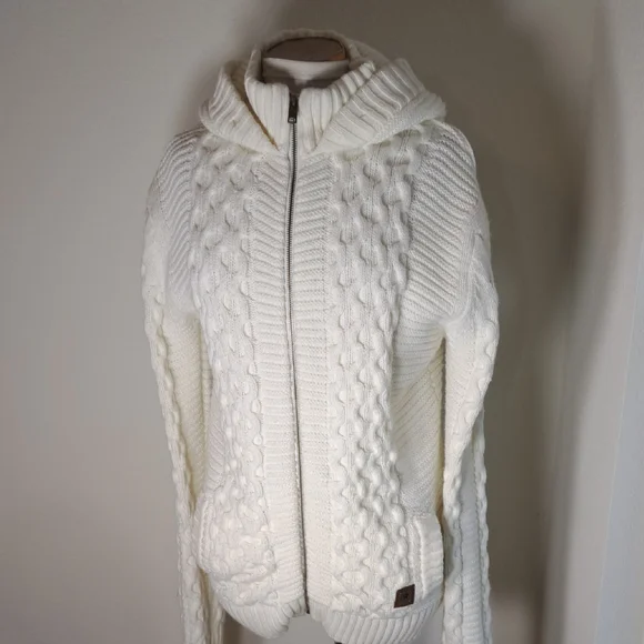 Makobi Men’s Streetwear Sweater Cable Knit Zip Cardigan Cream Hooded Pockets XL - Picture 1 of 15